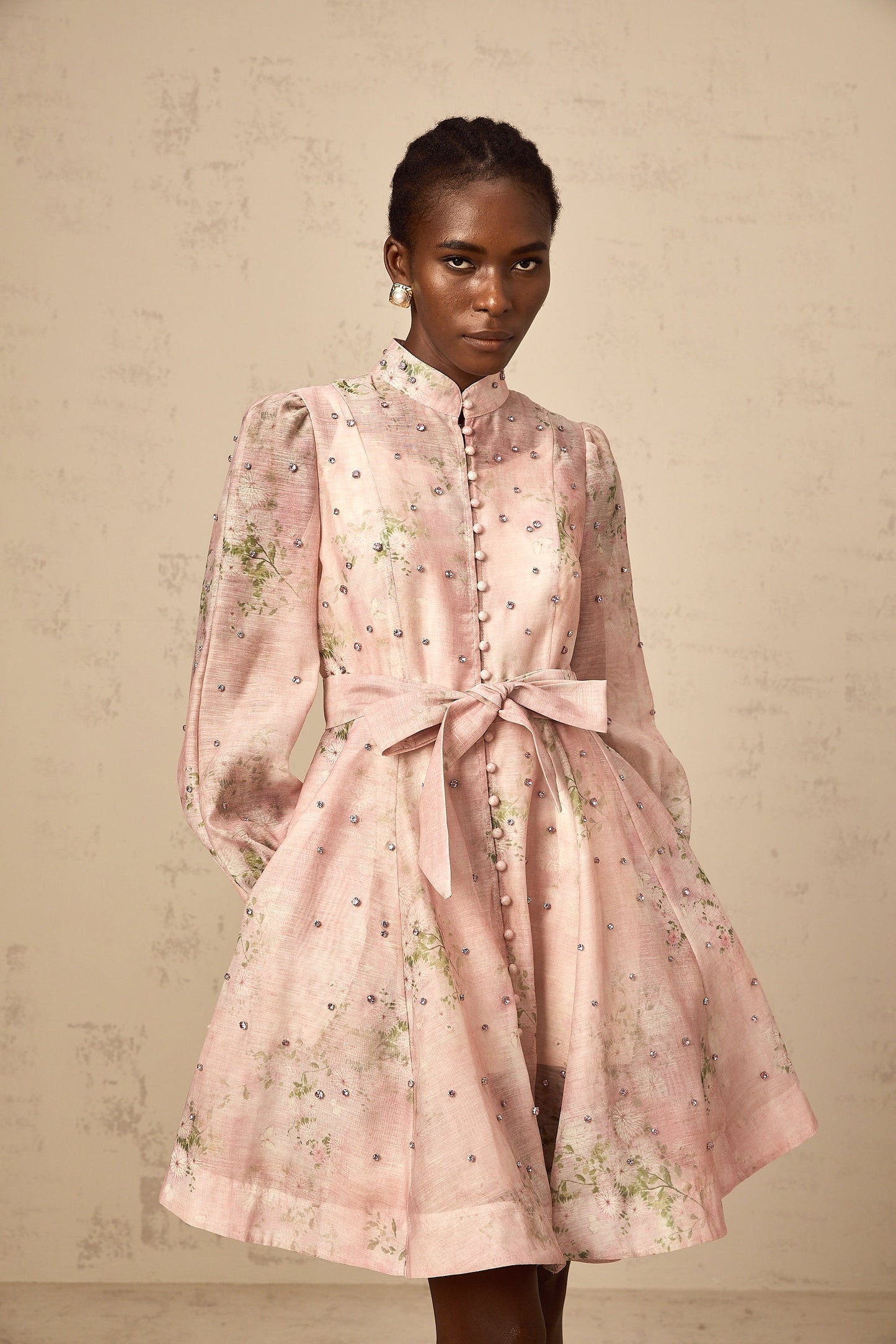 Narcisse pink embellished floral-print mini dress