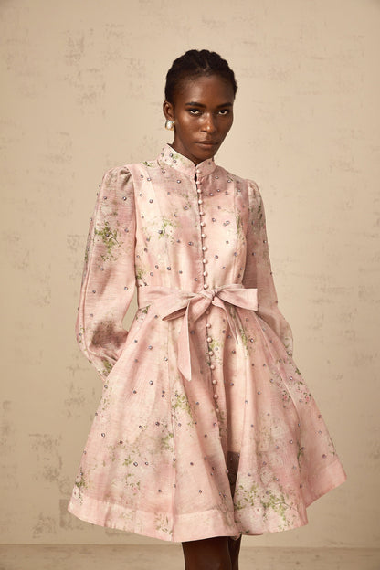 Narcisse pink embellished floral-print mini dress