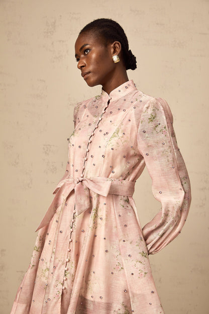 Narcisse pink embellished floral-print mini dress
