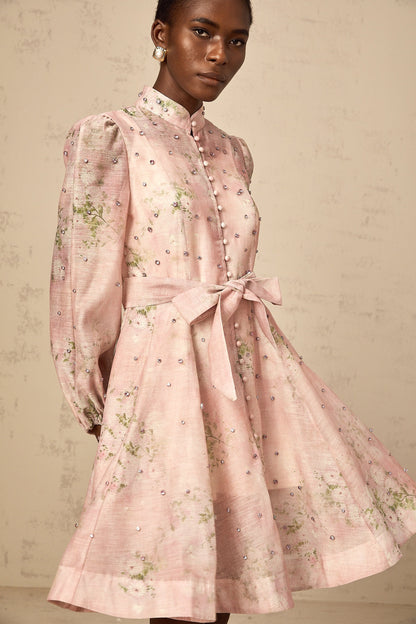 Narcisse pink embellished floral-print mini dress