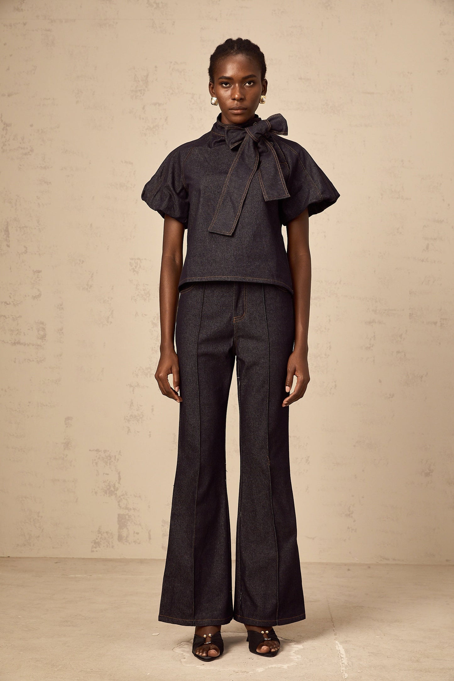 Roxane indigo-blue contrast-stitching denim blouse & jeans matching set