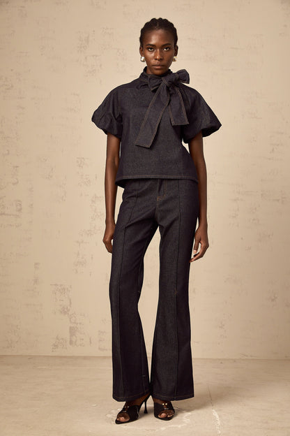 Roxane indigo-blue contrast-stitching denim blouse & jeans matching set
