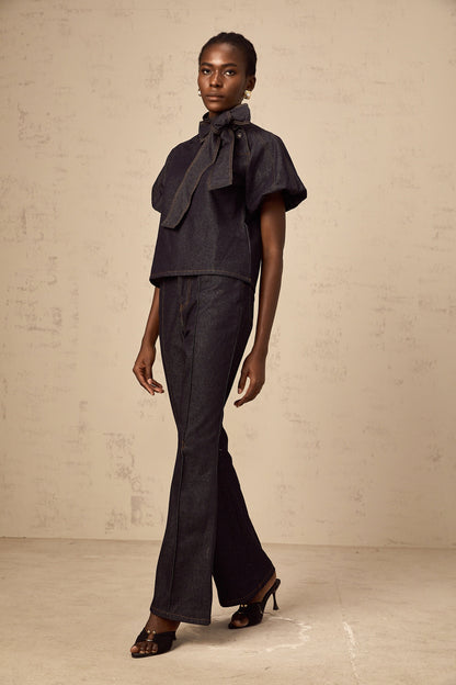 Roxane indigo-blue contrast-stitching denim blouse & jeans matching set
