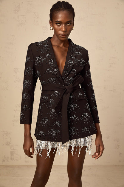 Cerise black rhinestone belted blazer