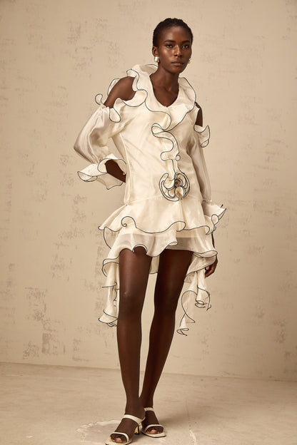 Tiphaine white ribbon-detail flounce mini dress