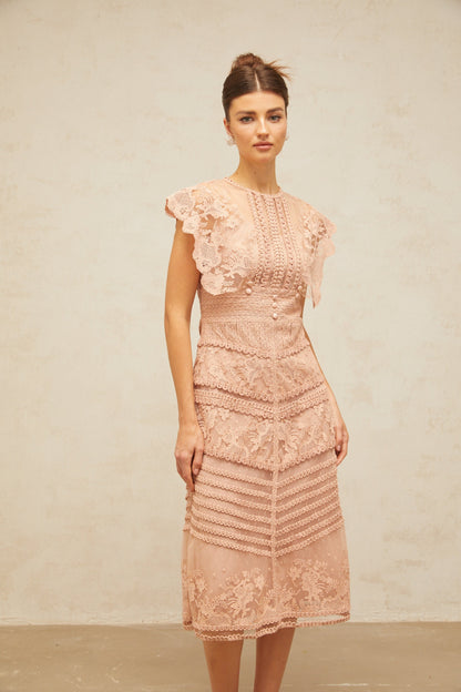 Fleur floral-embroidered lace midi dress in Pink