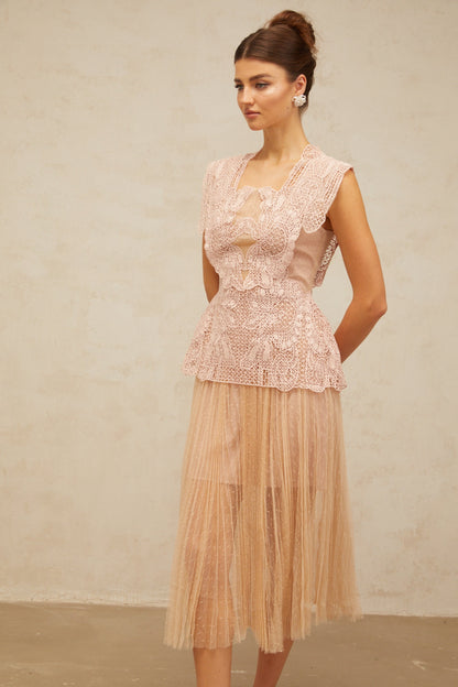 Céleste floral-lace-panelling tulle midi dress in Pink