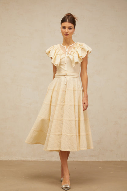 Irène neutrals belted pointelle-trim ruffled midi dress