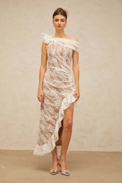 Suzanne white asymmetrical floral-lace midi dress