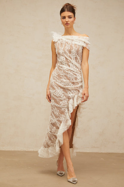 Suzanne white asymmetrical floral-lace midi dress