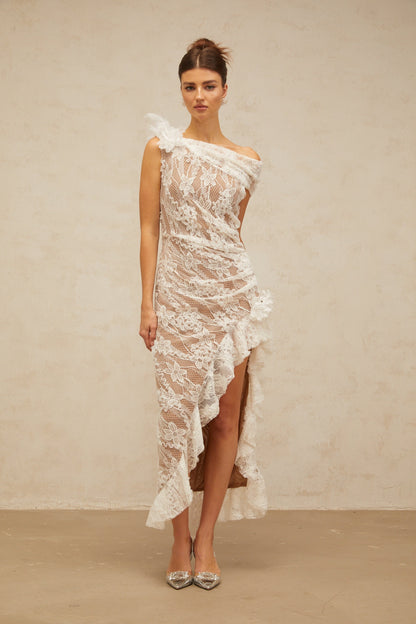 Suzanne white asymmetrical floral-lace midi dress