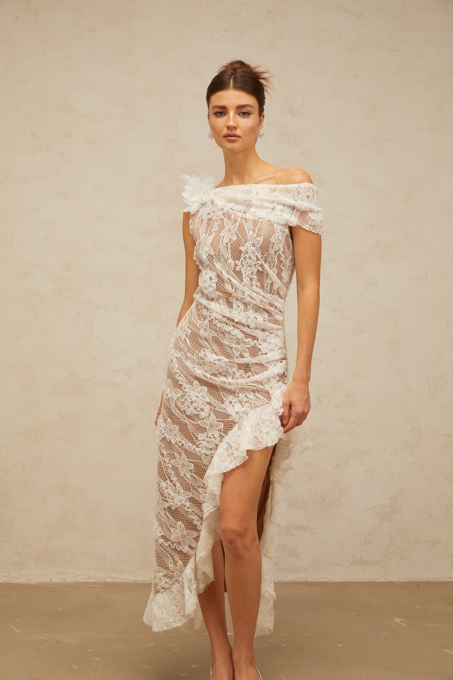 Suzanne white asymmetrical floral-lace midi dress