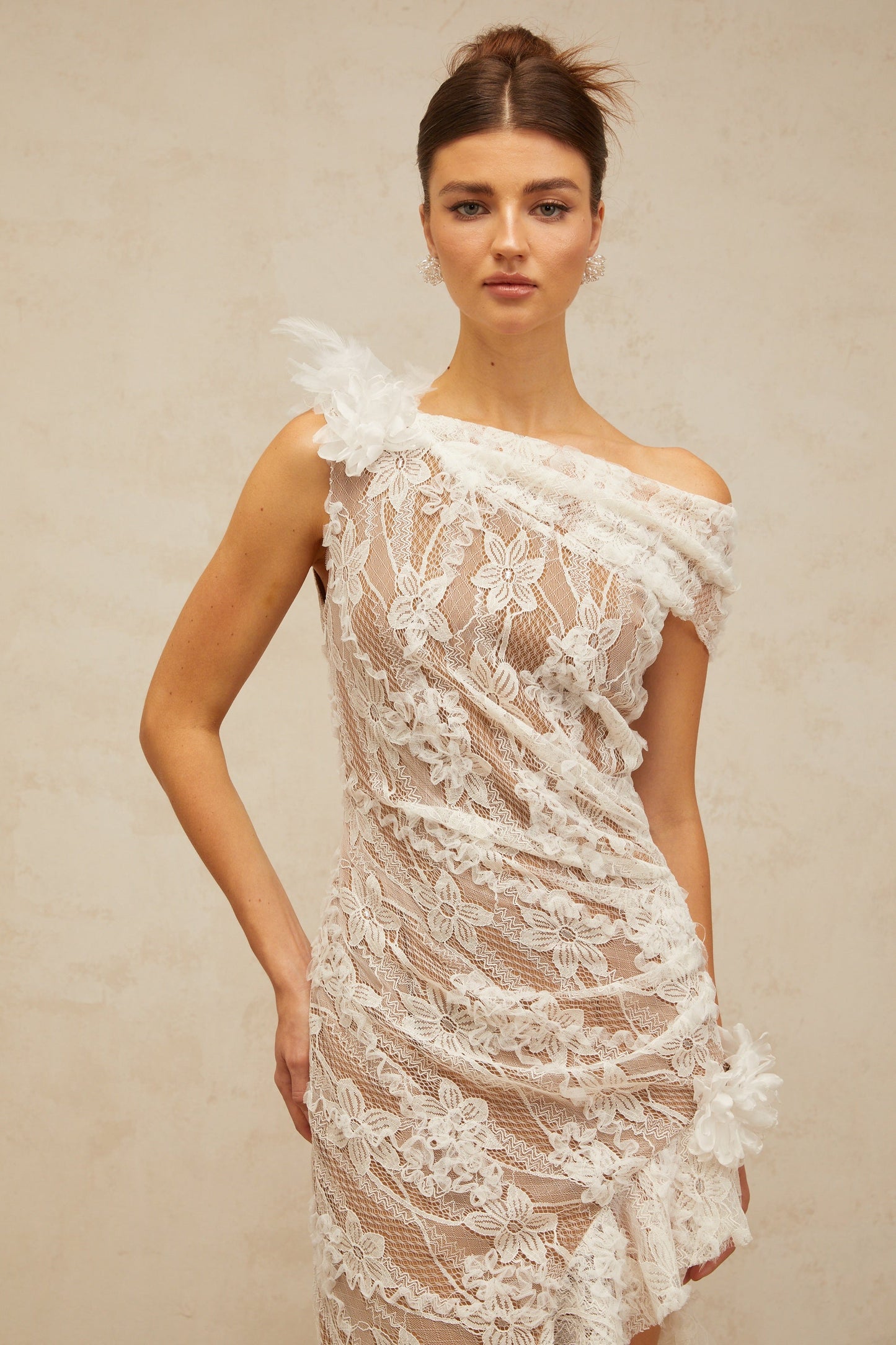 Suzanne white asymmetrical floral-lace midi dress