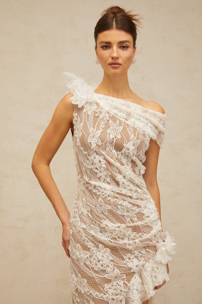 Suzanne white asymmetrical floral-lace midi dress