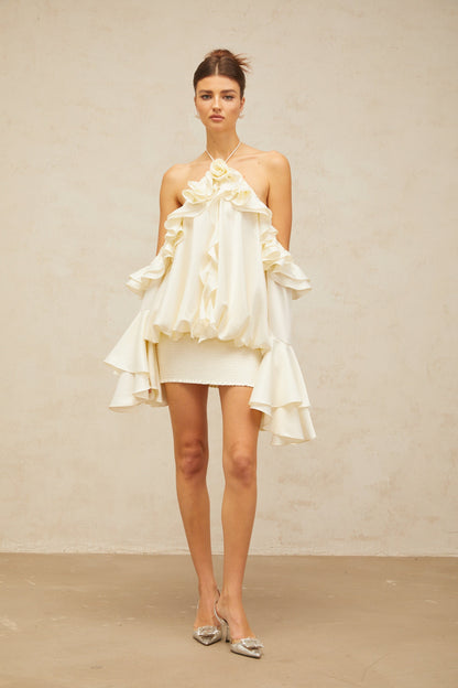 Fleur floral cold-shoulder ruffled mini dress