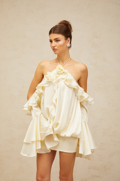 Fleur floral cold-shoulder ruffled mini dress