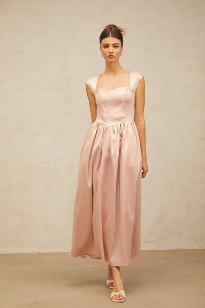Madeleine pink A-line satin midi dress