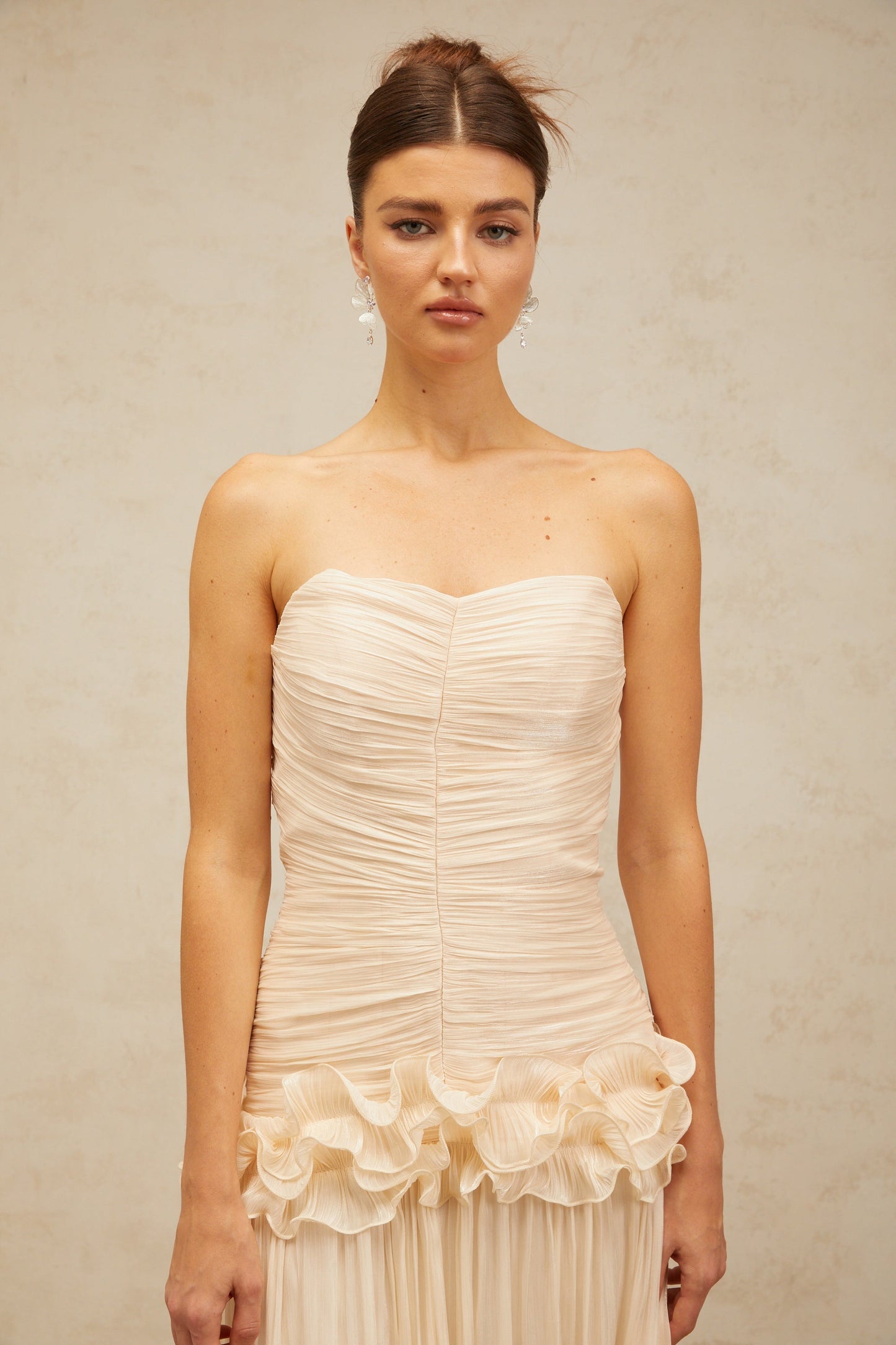 Céleste neutrals ruffled pleated maxi dress