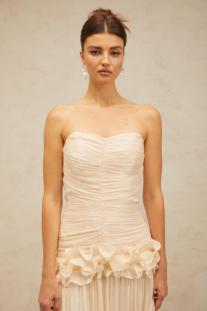 Céleste neutrals ruffled pleated maxi dress
