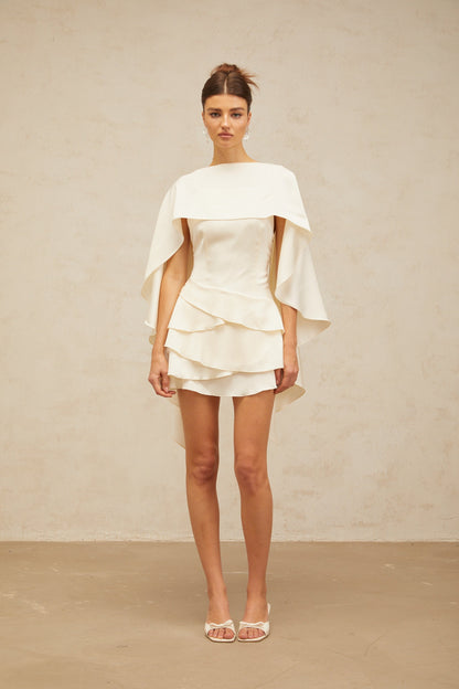 Lyna White Satin Ruffled Mini Dress with Shawl Panel Detail