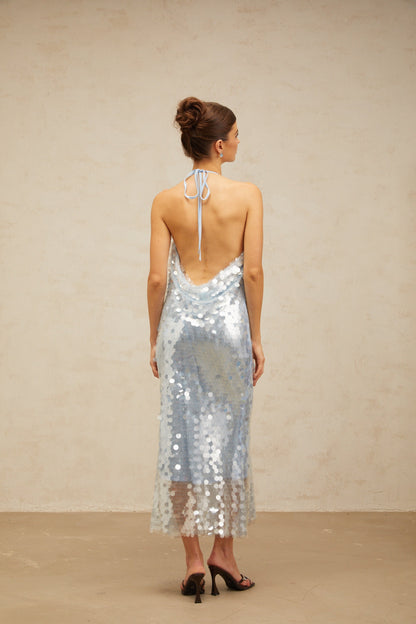 Babette blue halterneck sequined midi dress