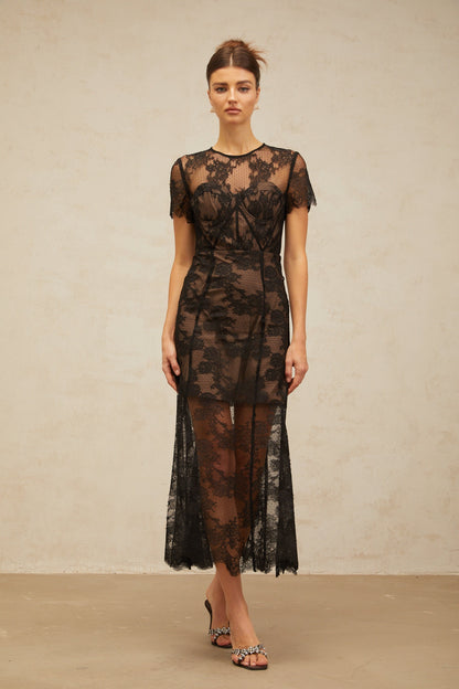 Célia floral-lace midi dress in Black
