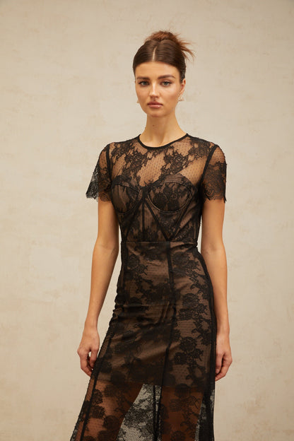 Célia floral-lace midi dress in Black