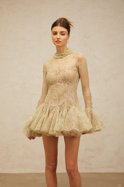 Mélodie green embroidered flared mini dress