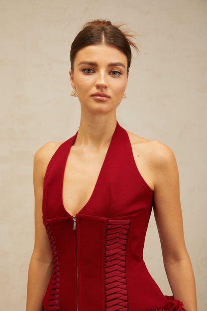 Paloma red halterneck lace-up top