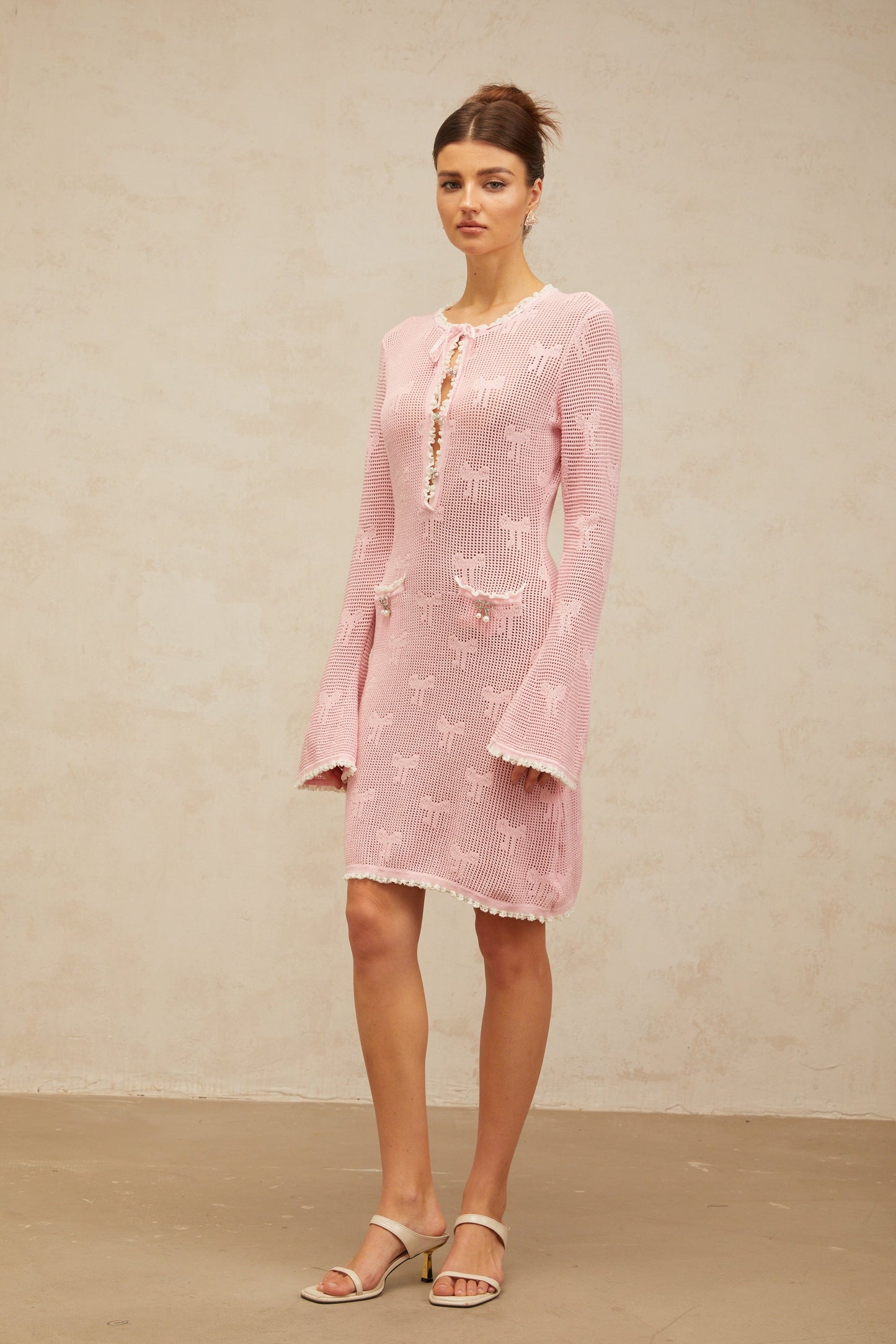 Marjolaine pink embellished crochet-knit mini dress