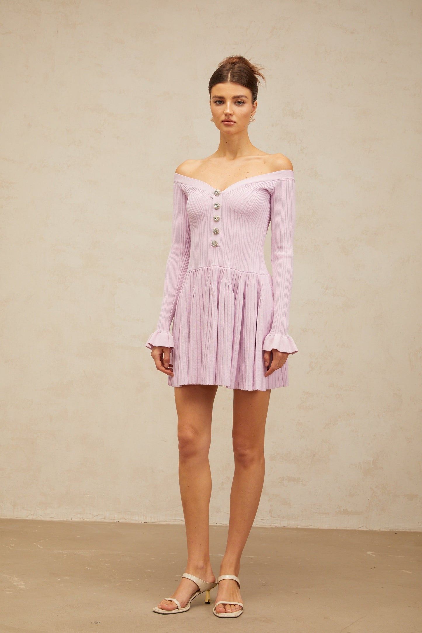 Lyna light-purple off-shoulder ribbed-knit mini dress