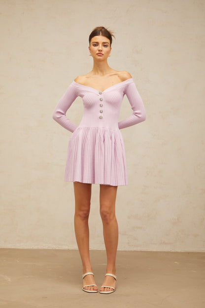 Lyna light-purple off-shoulder ribbed-knit mini dress