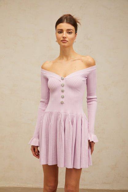 Lyna light-purple off-shoulder ribbed-knit mini dress