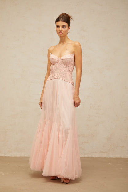 Ulrique pink lace corset tulle maxi dress