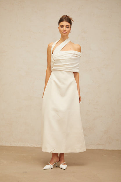 Solène cream-white asymmetrical midi dress
