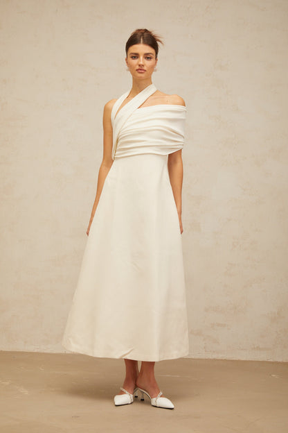 Solène cream-white asymmetrical midi dress