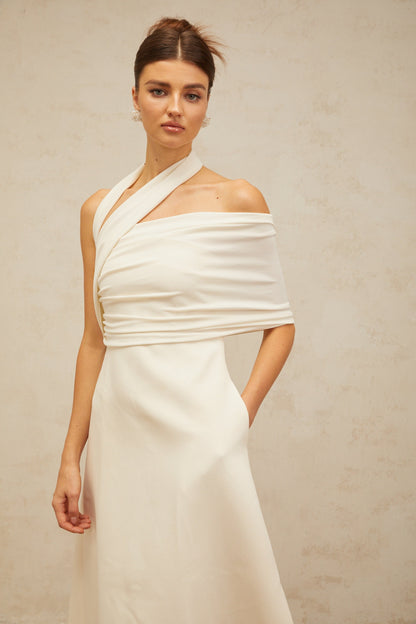 Solène cream-white asymmetrical midi dress