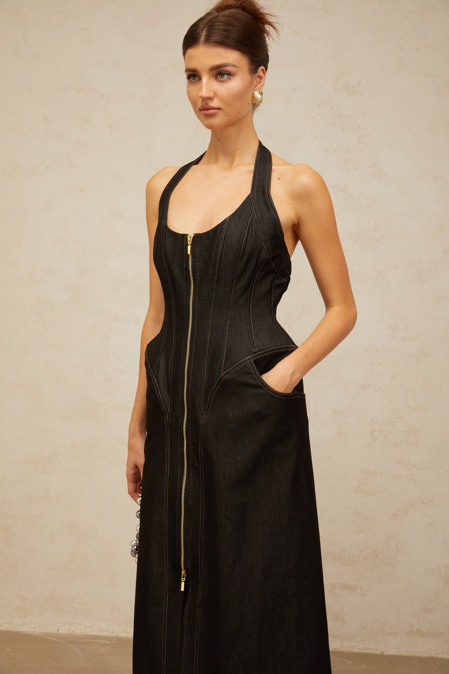 Adrienne black denim front-slit contrast-stitching maxi dress