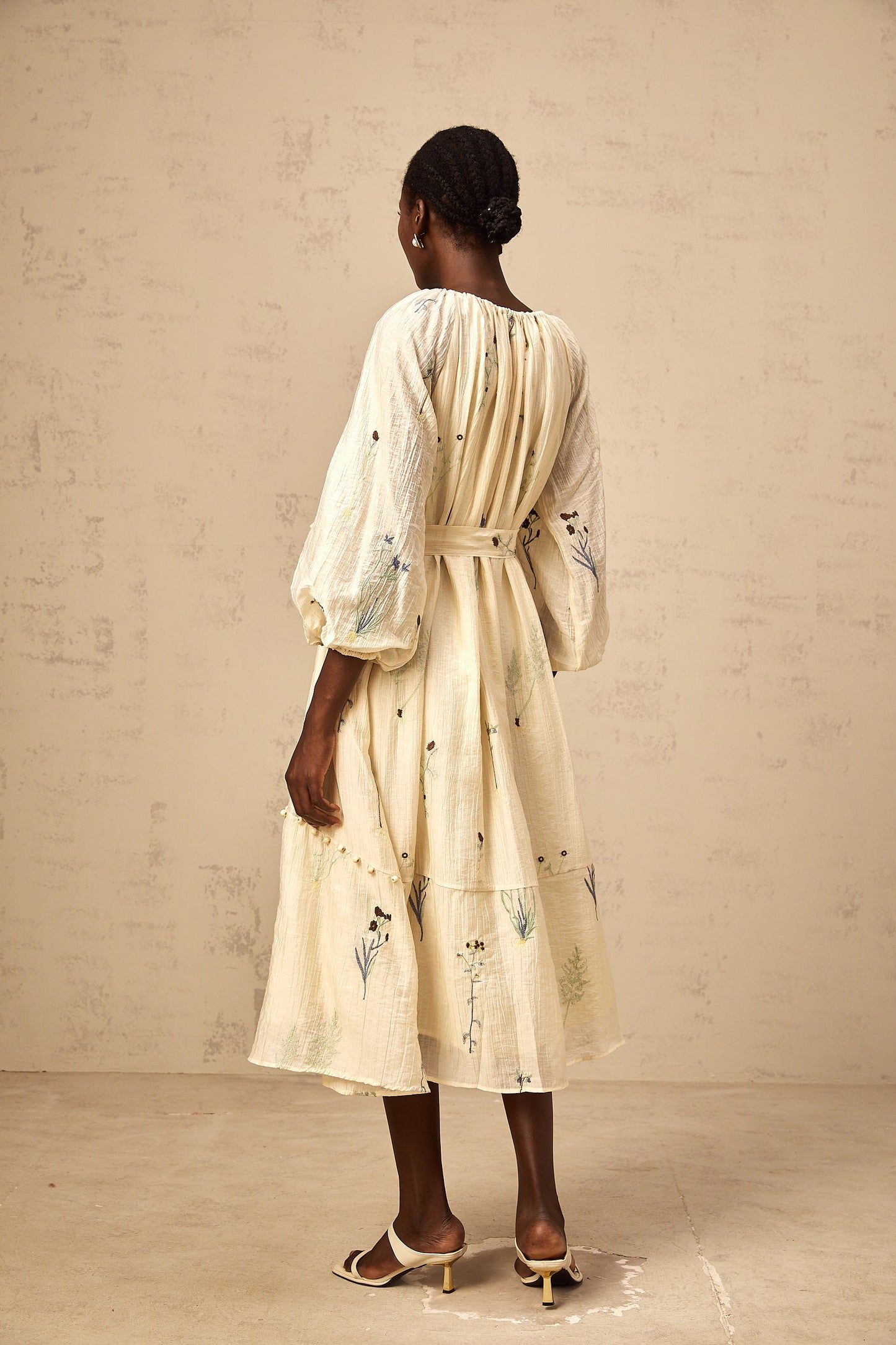 Uranie beige flower-embroidered beaded midi dress