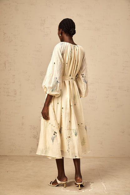 Uranie beige flower-embroidered beaded midi dress