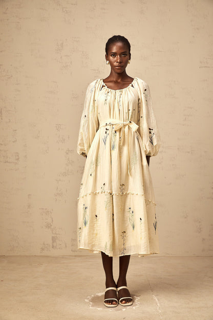Uranie beige flower-embroidered beaded midi dress