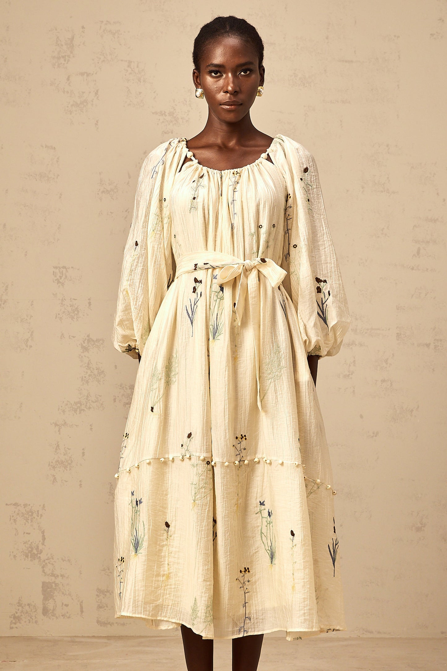 Uranie beige flower-embroidered beaded midi dress
