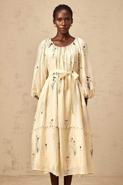 Uranie beige flower-embroidered beaded midi dress