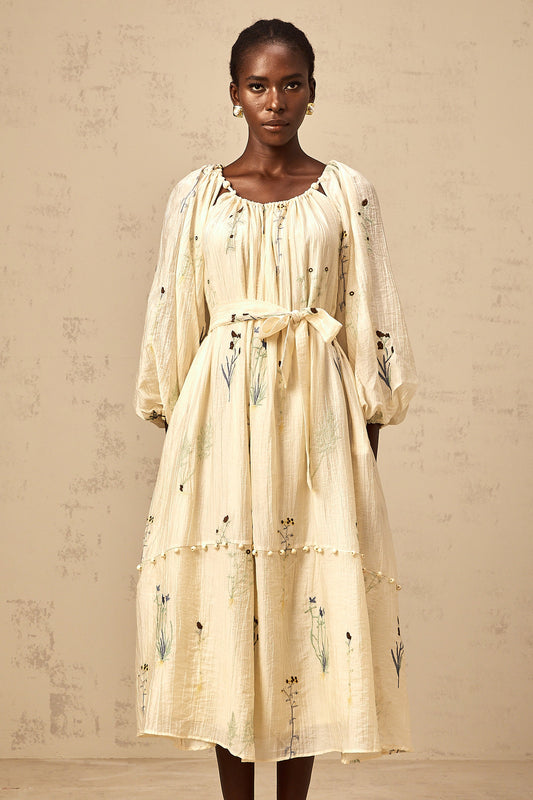 Uranie beige flower-embroidered beaded midi dress