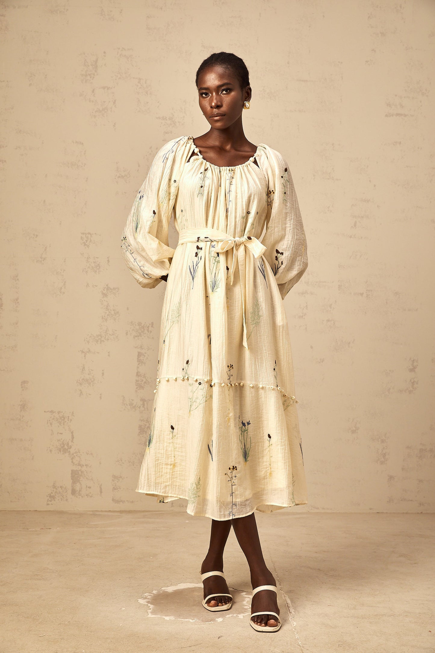 Uranie beige flower-embroidered beaded midi dress