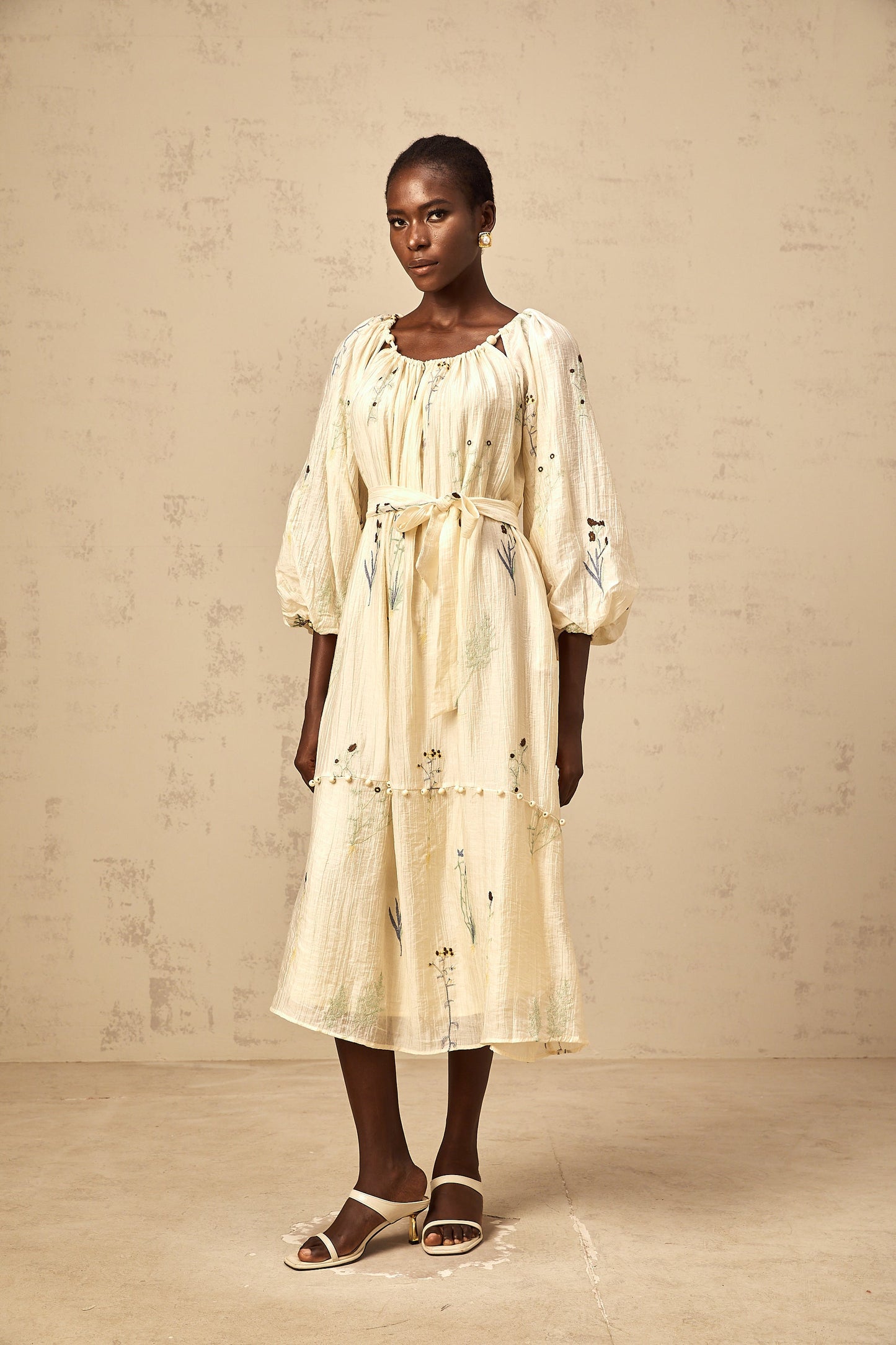 Uranie beige flower-embroidered beaded midi dress