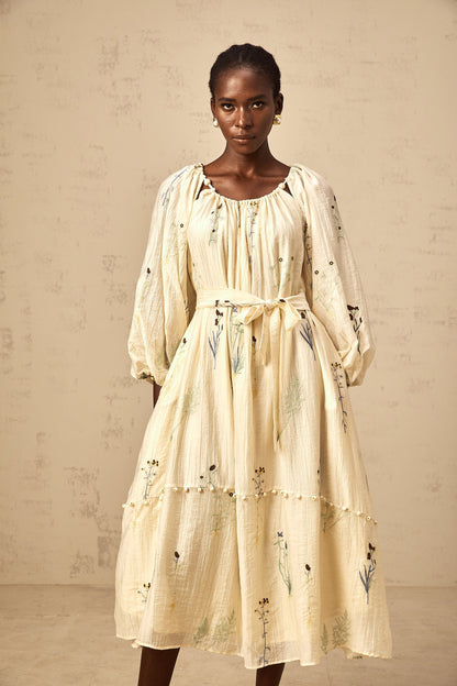 Uranie beige flower-embroidered beaded midi dress