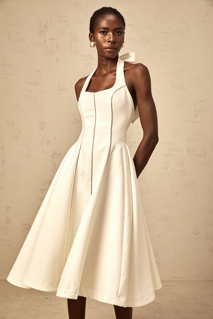 Quirine white halterneck bow-detail midi dress