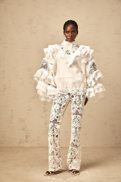 Mylène white tied layered lace blouse