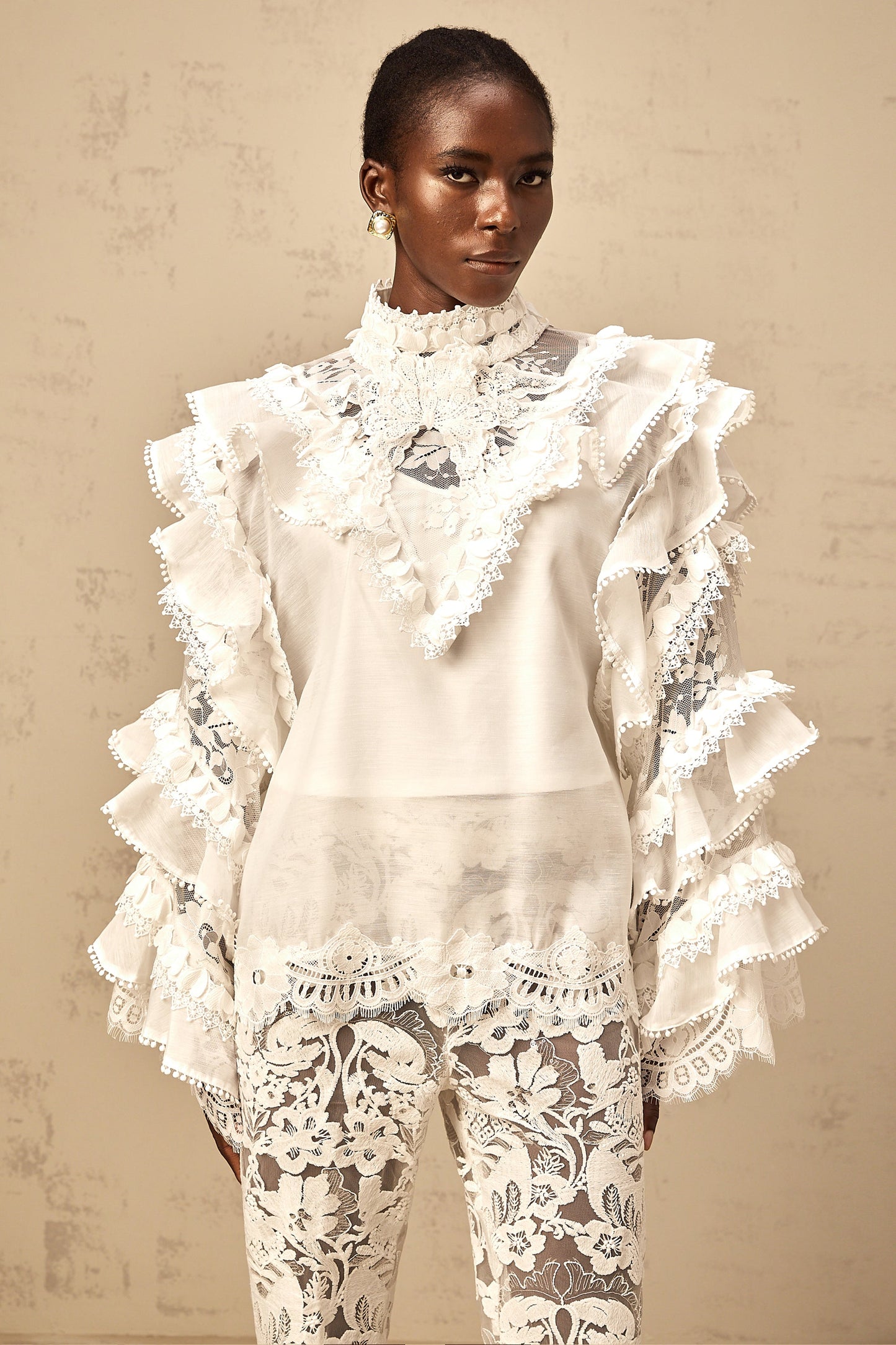 Mylène white tied layered lace blouse
